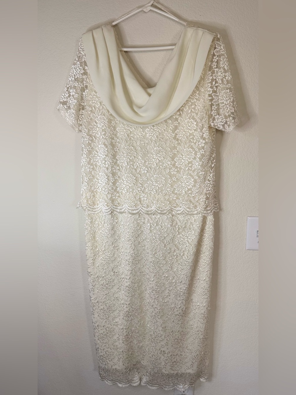 Elegant Cream Lace Midi Dress with Draped Cowl Neck for Wedding